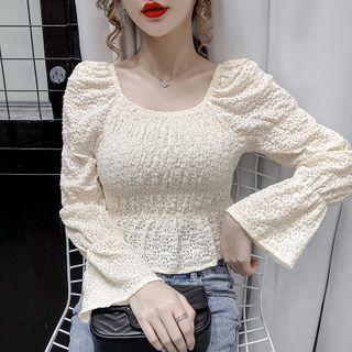 Eyelet Long-sleeve Cropped Blouse