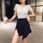 Set Of 2: High-waist Irregular Denim Skirt + Plain Short-sleeve T-shirt