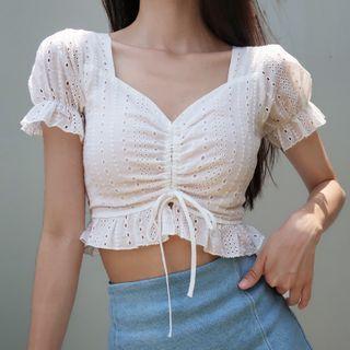 Plain Perforated V-neck Short-sleeve Top
