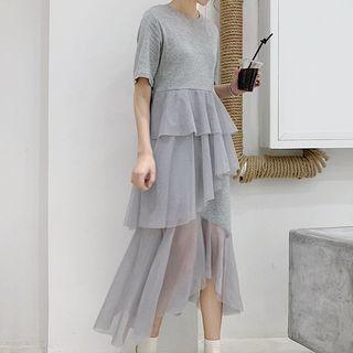 Short-sleeve Sheer Panel Tiered Midi Dress