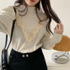 Lantern-sleeve Mock-neck Lace Trim Top