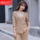 Rhinestone Buckled Shirred Blazer / Straight-cut Pants / Set
