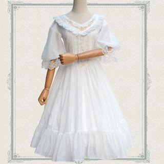 Embroidered Lace Trim 3/4 Sleeve Midi Dress