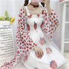 Mesh Panel Sleeveless Midi A-line Dress / Strawberry Print Long Light Jacket