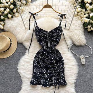 Spaghetti-strap Floral Cutout Mini Sheath Dress