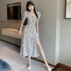 Short-sleeve Dotted Slit Midi A-line Dress