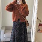 Cable Knit Sweater / Floral Print Midi A-line Skirt / Set