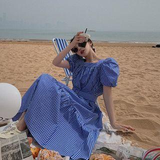 Balloon-sleeve Gingham Midi A-line Dress