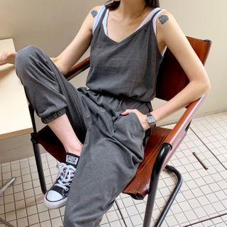 Tie-strap Pigment Baggy Jumpsuit Charcoal Gray - One Size