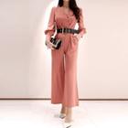 Long-sleeve Belt-waist Jumpsuit