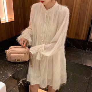 Long-sleeve Fringe Chiffon Dress Almond - One Size