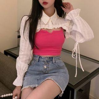 Ruffled Crop Shirt / Knit Camisole Top