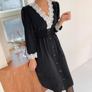 Lace-trim Smocked-trim Shirtdress Black - One Size