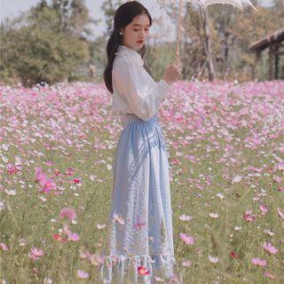 Set: Ruffle Trim Shirt + Midi A-line Skirt