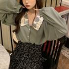 V-neck Blouse / Floral Print Midi Layered Skirt