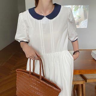 Elbow-sleeve Collar Midi A-line Dress
