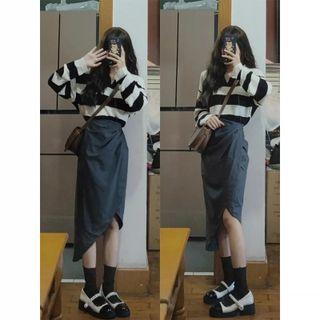 Striped Polo Sweater / Asymmetrical Pencil Skirt / Set