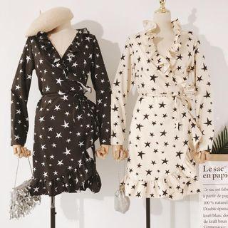 Long-sleeve Ruffle-trim Star Print Wrap Dress