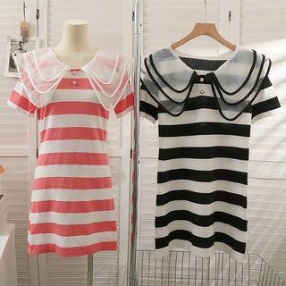 Mesh-collar Striped Loose Mini Dress