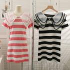 Mesh-collar Striped Loose Mini Dress