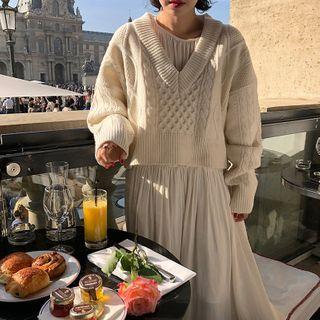Long-sleeve Midi A-line Dress / Cable Knit Sweater