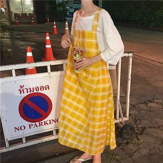 3/4-sleeve T-shirt / Plaid Suspender Maxi Dress