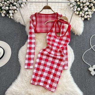 Set: Plaid Halter Tank Dress + Open Front Crop Cardigan