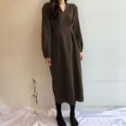 Long-sleeve V-neck Midi Dress Coffee - One Size