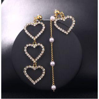 925 Sterling Sliver Non Matching Rhinestone Heart Drop Earring 1 Pair - Asymmetric - Gold - One Size
