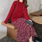 Cable Knit Sweater / Long-sleeve Floral Print Midi Dress / Set