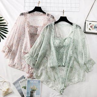 Set: Floral Smocked Top + Light Cardigan