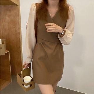 Long-sleeve V-neck Two-tone Drawstring Dress