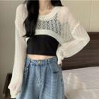 Long-sleeve Pointelle Knit Crop Top / Plain Camisole Top