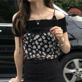 Short-sleeve Off-shoulder T-shirt / Spaghetti Strap Floral Print Top