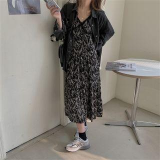 Denim Shirt Jacket / Spaghetti Strap Floral Print Midi Dress