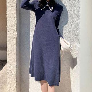 Long-sleeve Midi A-line Dress Purplish Blue - One Size