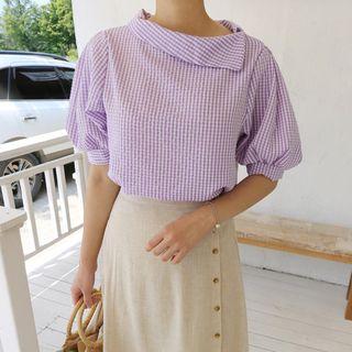 Collared Puff-sleeve Gingham Blouse