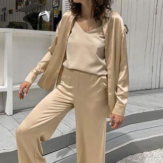 Set: Plain Shirt + Straight-leg Pants