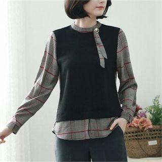 Knit-panel Plaid Blouse