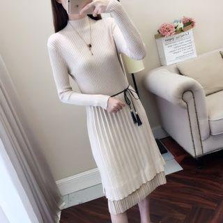 Velvet Panel Mock-neck Long-sleeve Knit Dress