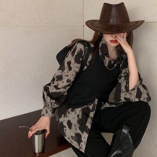 Print Long-sleeve Shirt / Plain Knit Vest