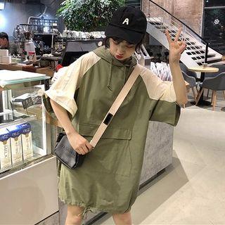 Elbow-sleeve Two-tone Hooded Dress As Shown In Figure - One Size