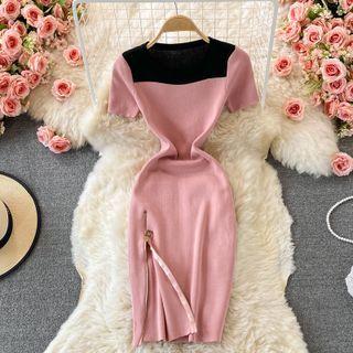 Short-sleeve Two-tone Zipped Sheath Dress