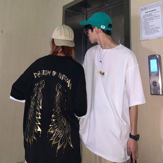 Couple Matching Elbow-sleeve Wing Print T-shirt