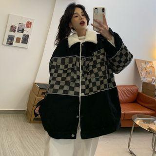 Fluffy-lined Checkerboard Denim Panel Button Jacket