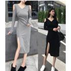 Cold-shoulder Long-sleeve Midi Straight-fit Dress
