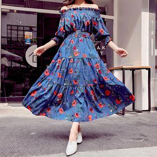 Off Shoulder 3/4-sleeve Floral Maxi Dress