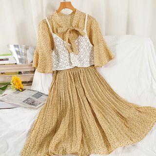 Set: Elbow-sleeve Floral Print Midi Dress + Lace Camisole Top