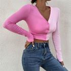 Long Sleeve Color-block V-neck Crop Cardigan