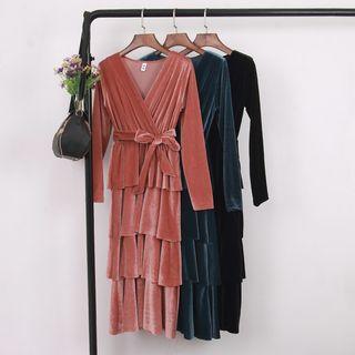 Long-sleeve Midi Velvet Layered Dress